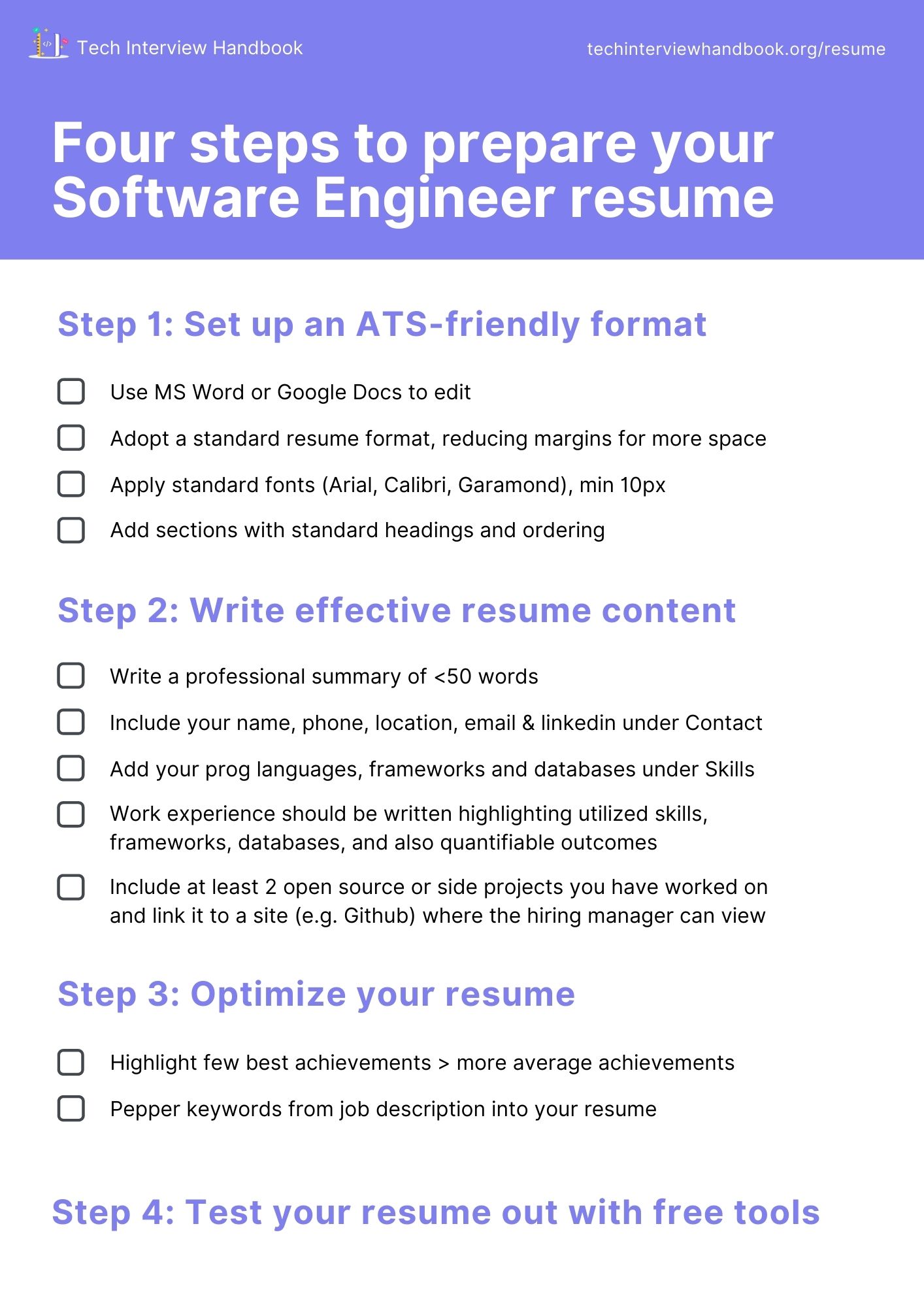 Summary of the 4 steps to create a great software engineering resume, in checklist format